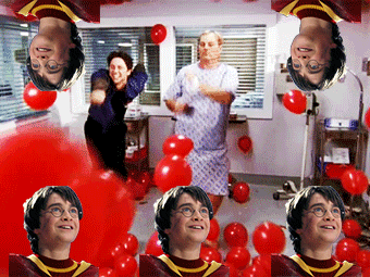 Gif of Zach Braff dancing with red balloons
